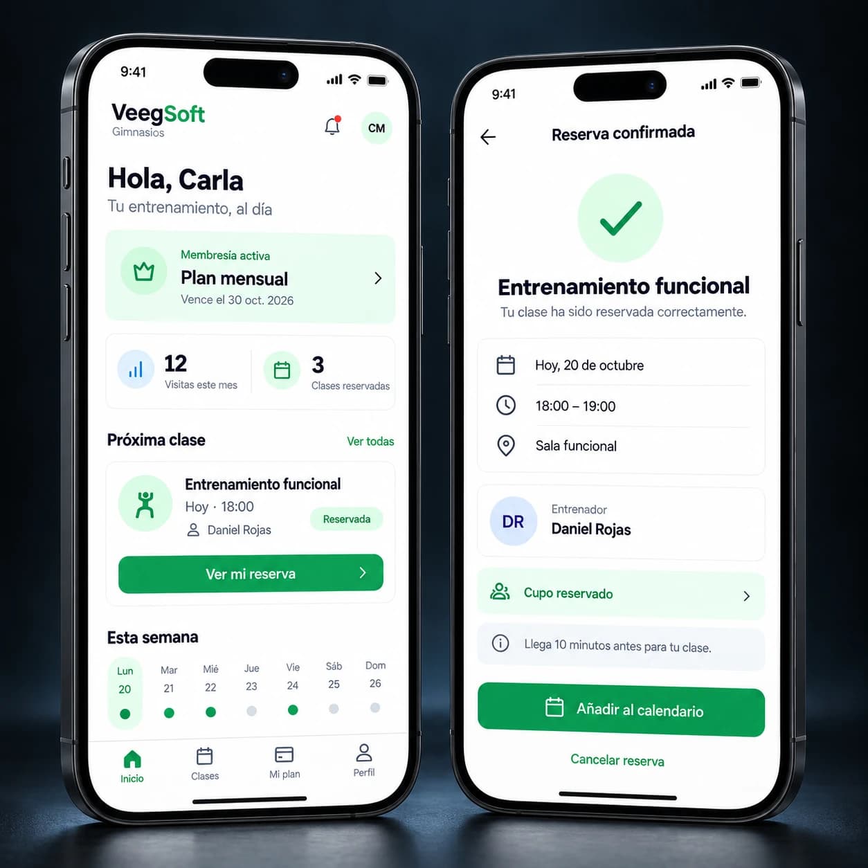 App móvil de gimnasio: membresía activa, próxima clase y reserva confirmada