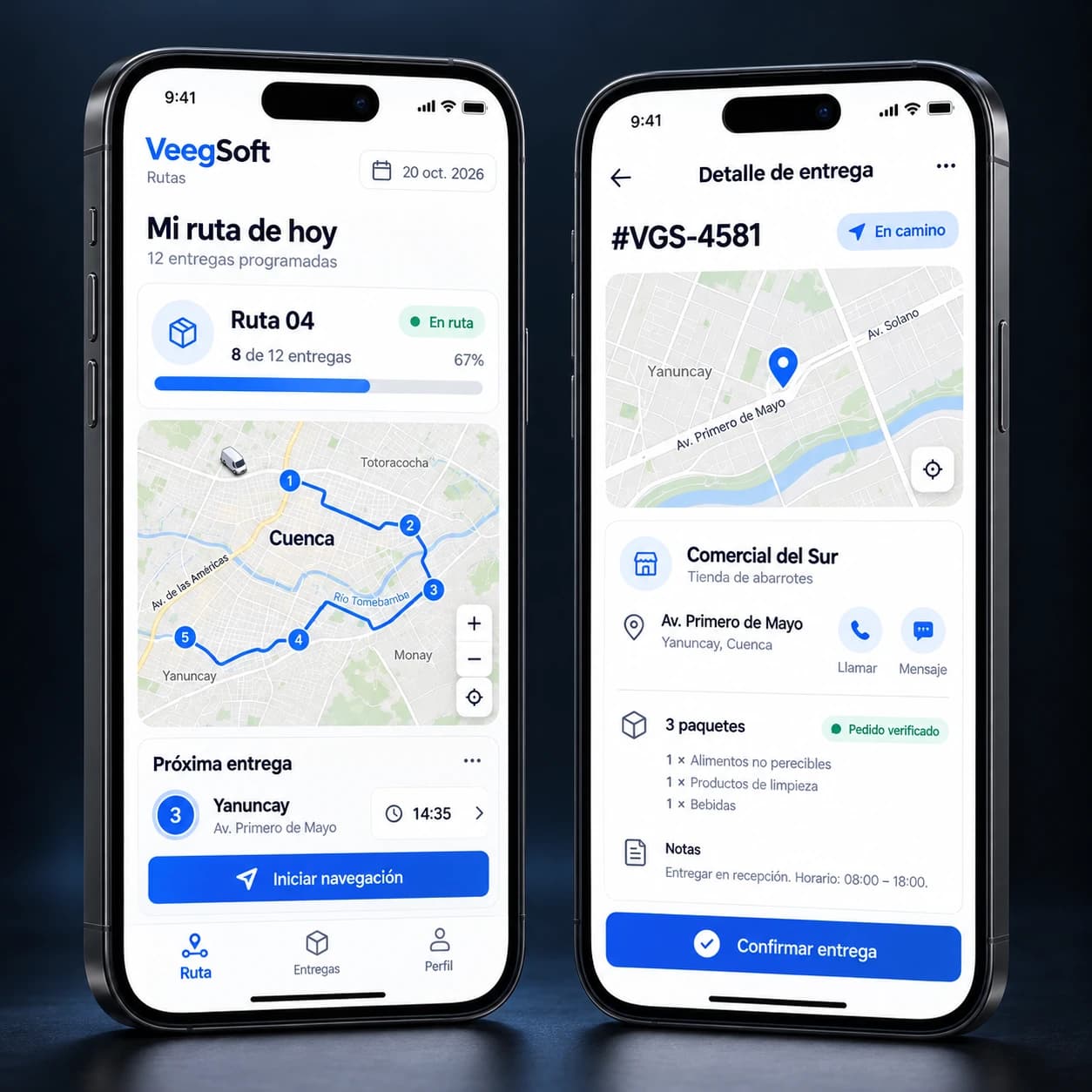 App del conductor: ruta del día con entregas numeradas y detalle de entrega