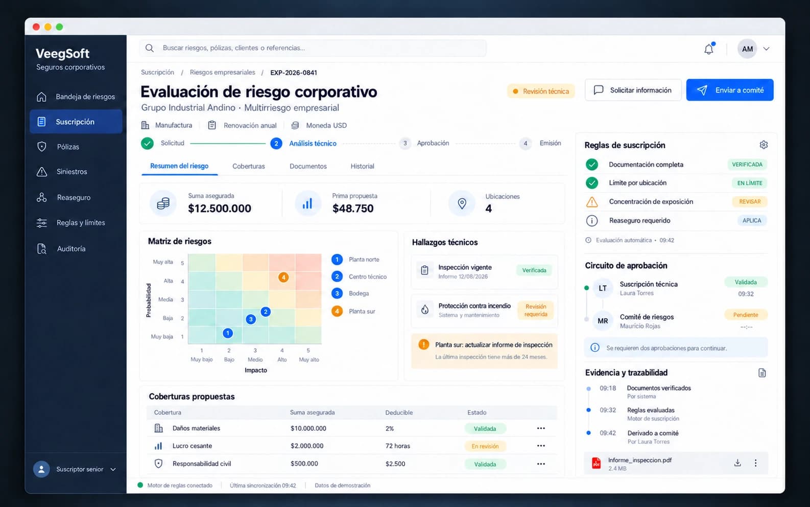 Plataforma de suscripción de seguros corporativos: evaluación de riesgo, matriz de riesgos, reglas de suscripción y circuito de aprobación