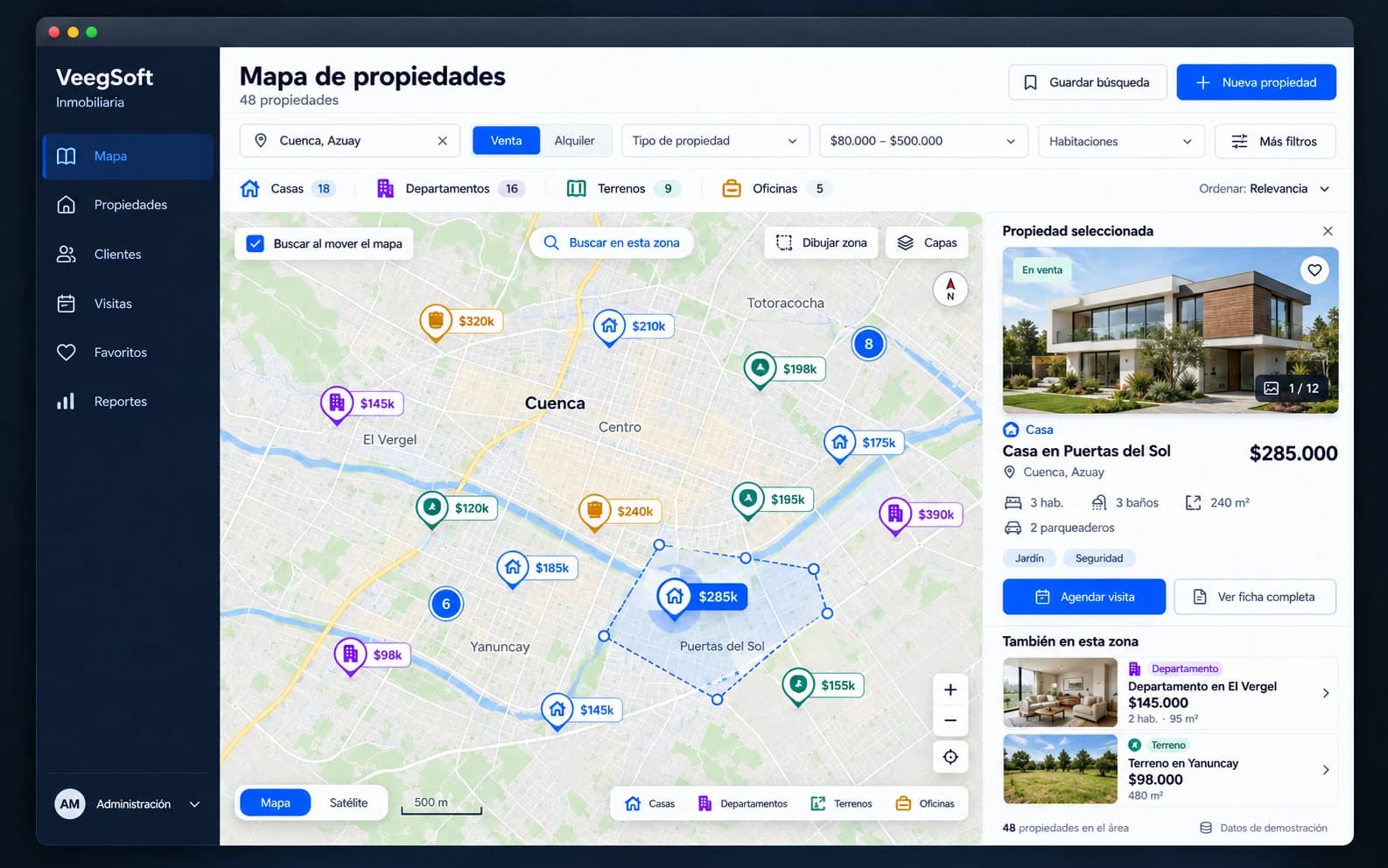Sistema inmobiliario: mapa de propiedades en Cuenca con precios, búsqueda por zona y ficha de la propiedad seleccionada
