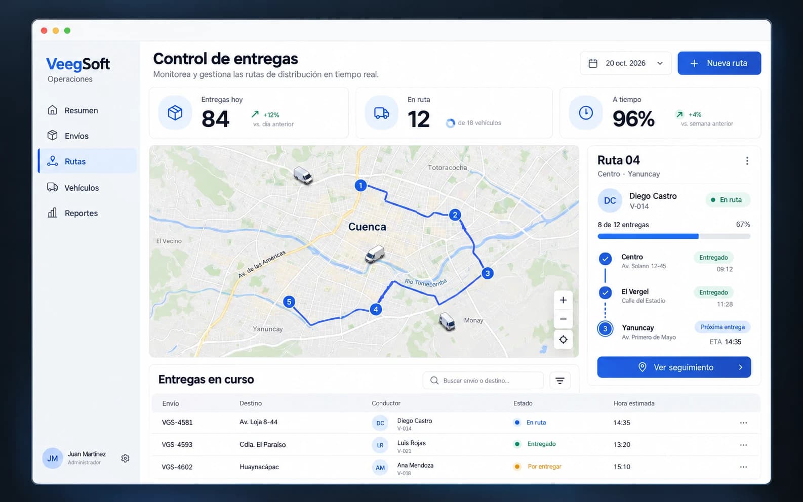 Sistema de control de entregas: mapa de rutas en Cuenca, vehículos en ruta y entregas en curso